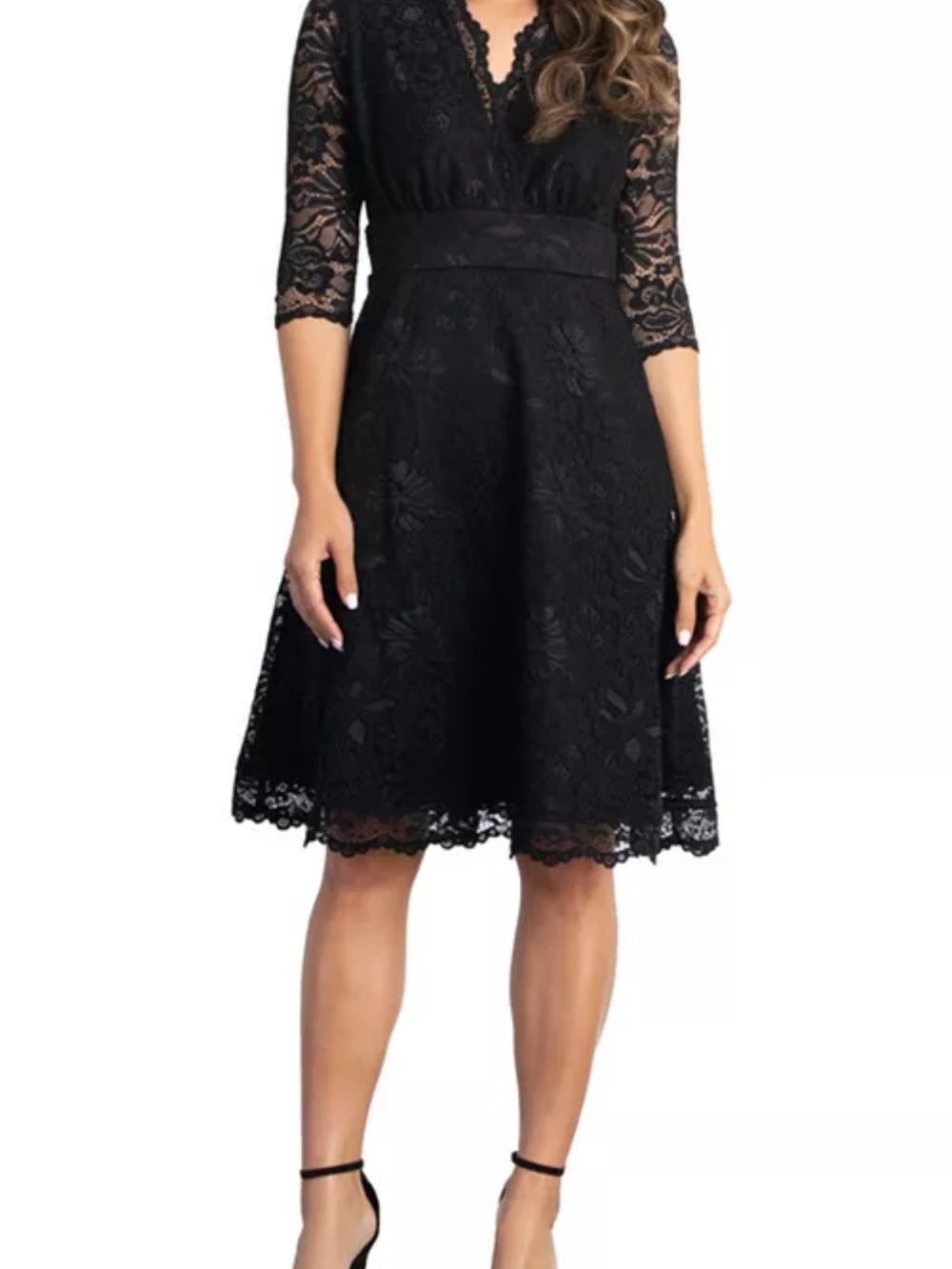 Kiyonna Scalloped Lace Dress Black Midi Size M Romantic Whimsical Wedding NEW